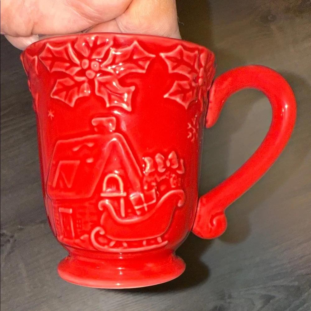 William Sonoma Red Holiday Mug with Embossed House with Sled Design
